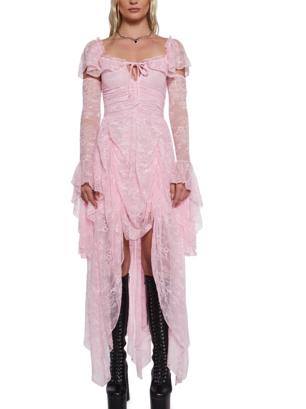 NWT Sugar Thrillz Dolls Kill Holy Hell Pink Lace Tiered Maxi Dress (Size Small)